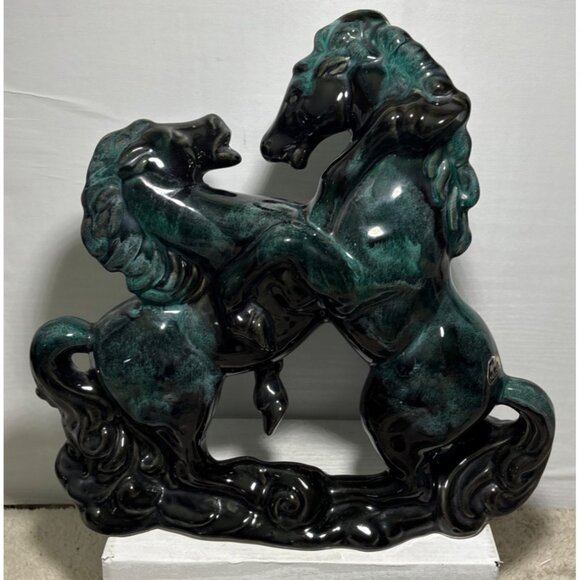 Wyatt Art Pottery Rearing Horses Figure Green Black Drip Glaze 11.75" Canada - Picture 6 of 12